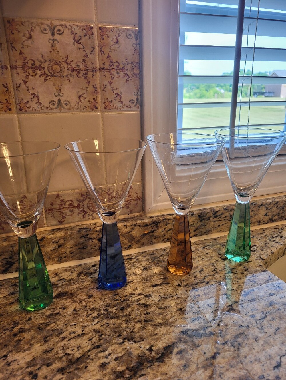 VTG. Post Modern Set of 4 Different Colored Stemmed Martini Glasses 7.5x3.75 In.